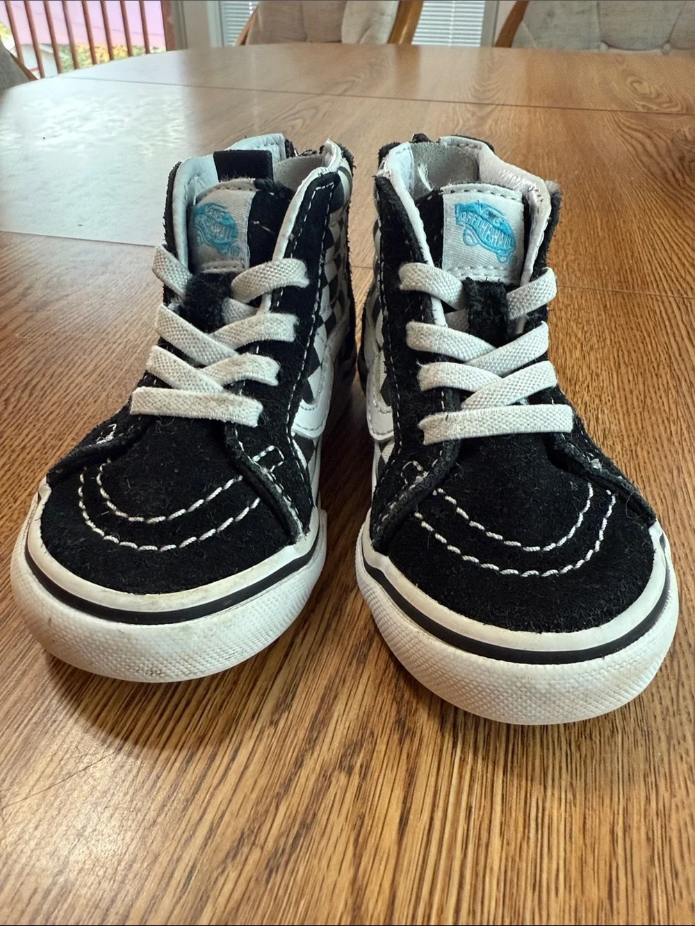 Vans x Bowie Kids Black & White Checkerboard High-Top Sneakers with Red Accent